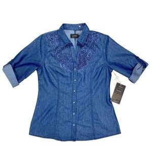 Cavalini Crochet Lace Denim Button Up Shirt Top Women S Blue Country Westerncore